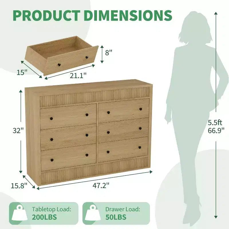 Commode 6 tiroirs avec panneaux cannelés, finition chêne – Rangement de chambre à coucher