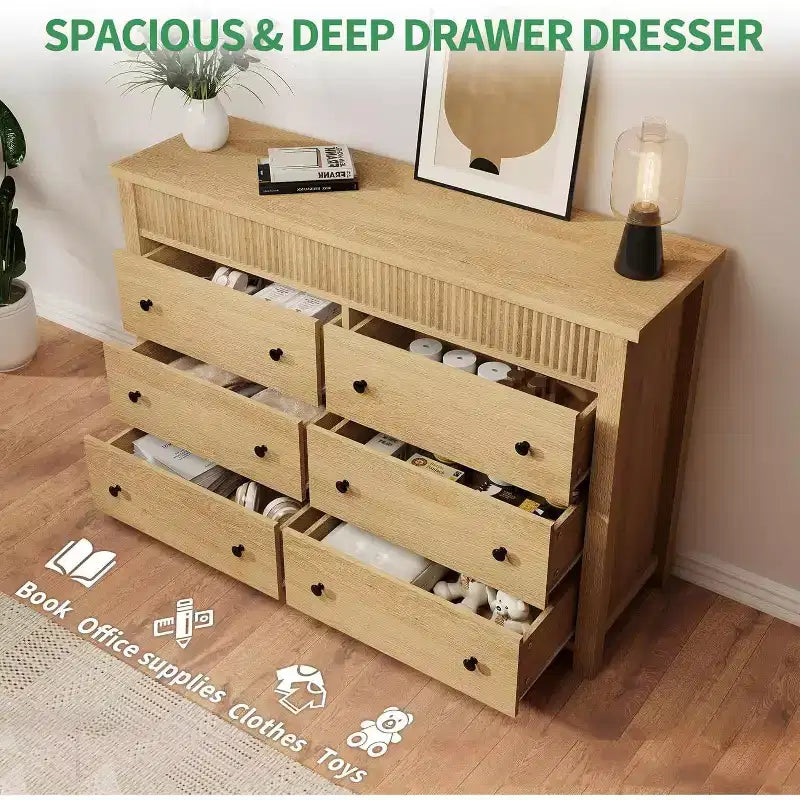 Commode 6 tiroirs avec panneaux cannelés, finition chêne – Rangement de chambre à coucher