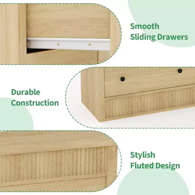 Commode 6 tiroirs avec panneaux cannelés, finition chêne – Rangement de chambre à coucher
