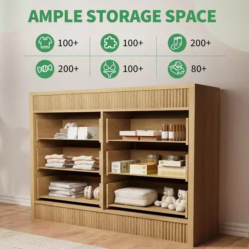 Commode 6 tiroirs avec panneaux cannelés, finition chêne – Rangement de chambre à coucher