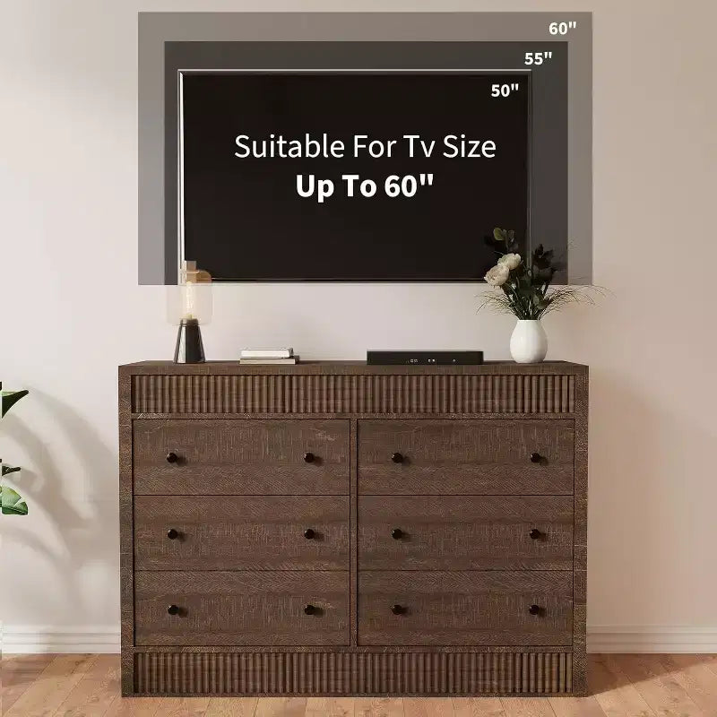 Commode 6 tiroirs avec panneaux cannelés, finition chêne – Rangement de chambre à coucher