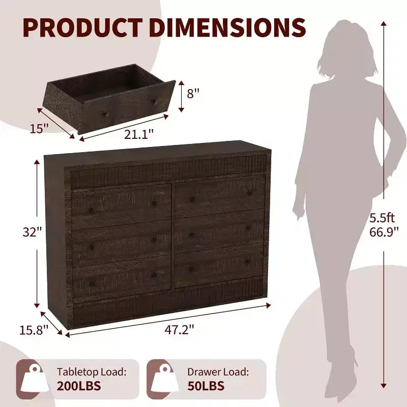 Commode 6 tiroirs avec panneaux cannelés, finition chêne – Rangement de chambre à coucher
