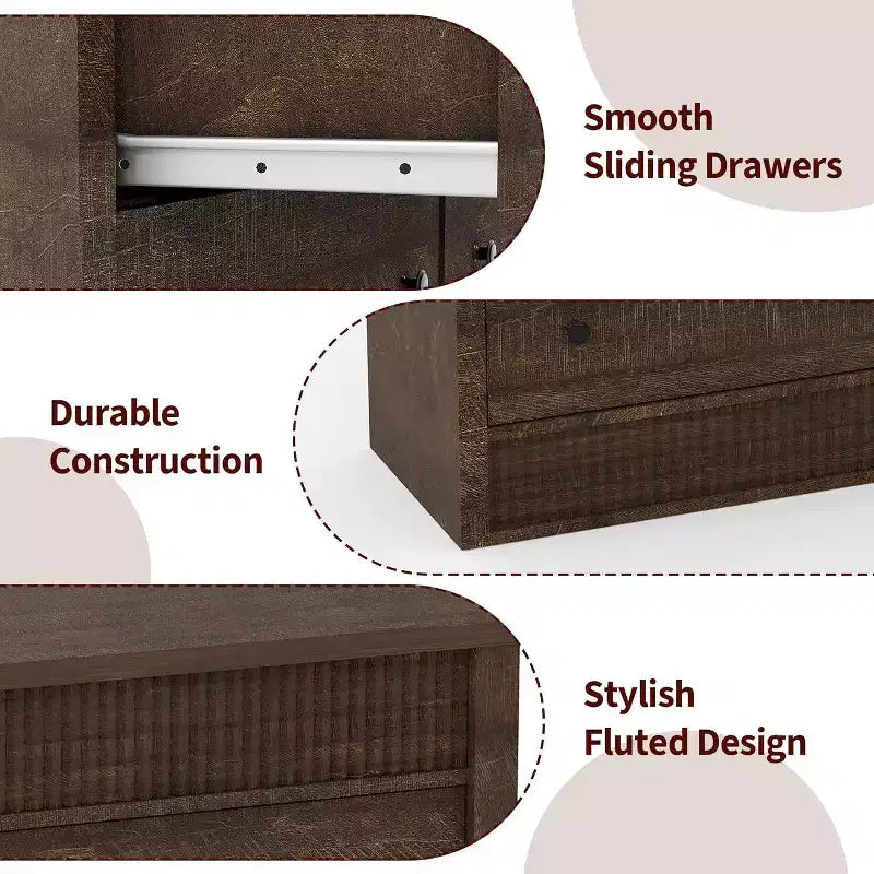 Commode 6 tiroirs avec panneaux cannelés, finition chêne – Rangement de chambre à coucher