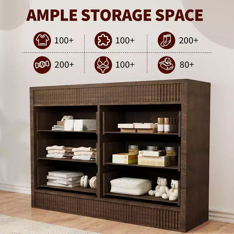 Commode 6 tiroirs avec panneaux cannelés, finition chêne – Rangement de chambre à coucher