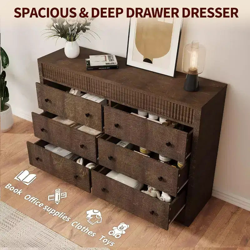 Commode 6 tiroirs avec panneaux cannelés, finition chêne – Rangement de chambre à coucher