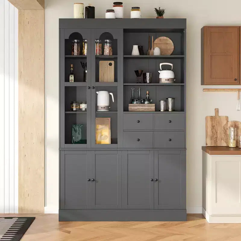 Buffet autoportant avec vaisselier, armoire de cuisine haute avec 4 tiroirs, étagères de porte et tablettes coulissantes