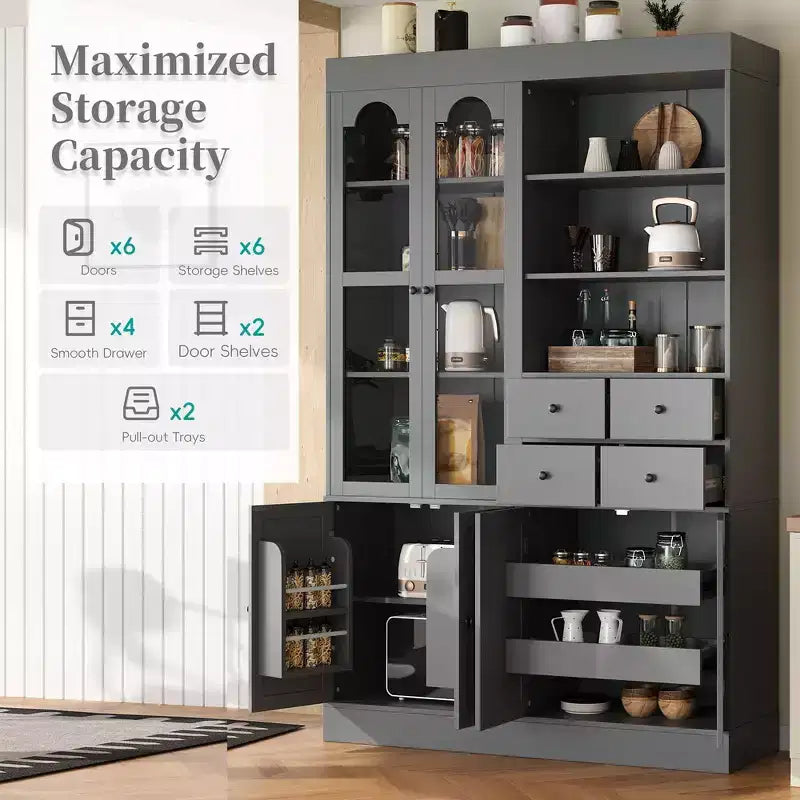 Buffet autoportant avec vaisselier, armoire de cuisine haute avec 4 tiroirs, étagères de porte et tablettes coulissantes