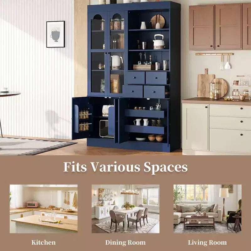 Buffet autoportant avec vaisselier, armoire de cuisine haute avec 4 tiroirs, étagères de porte et tablettes coulissantes