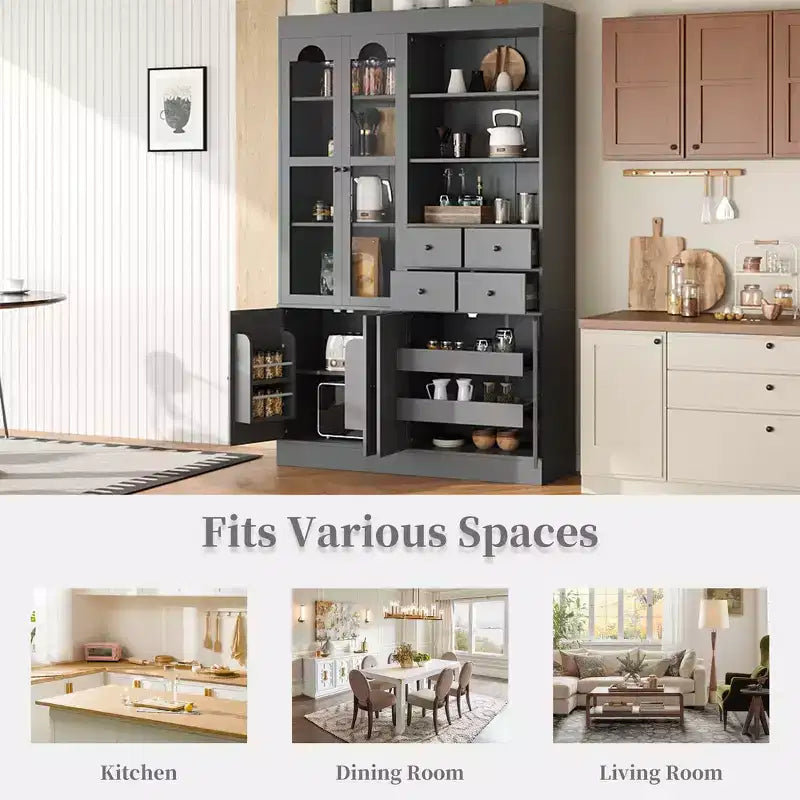 Buffet autoportant avec vaisselier, armoire de cuisine haute avec 4 tiroirs, étagères de porte et tablettes coulissantes