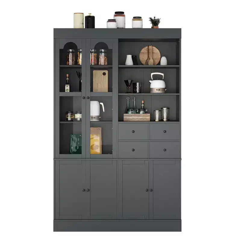Buffet autoportant avec vaisselier, armoire de cuisine haute avec 4 tiroirs, étagères de porte et tablettes coulissantes