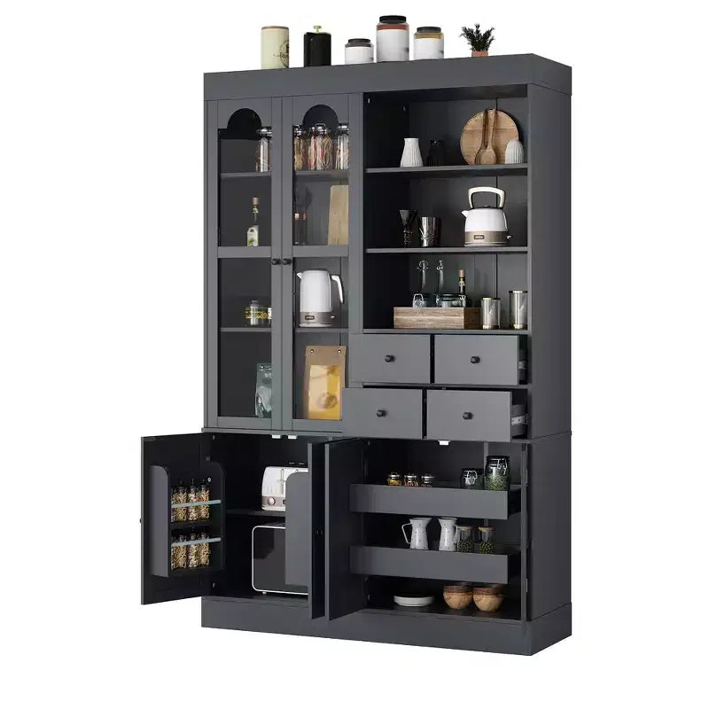 Buffet autoportant avec vaisselier, armoire de cuisine haute avec 4 tiroirs, étagères de porte et tablettes coulissantes