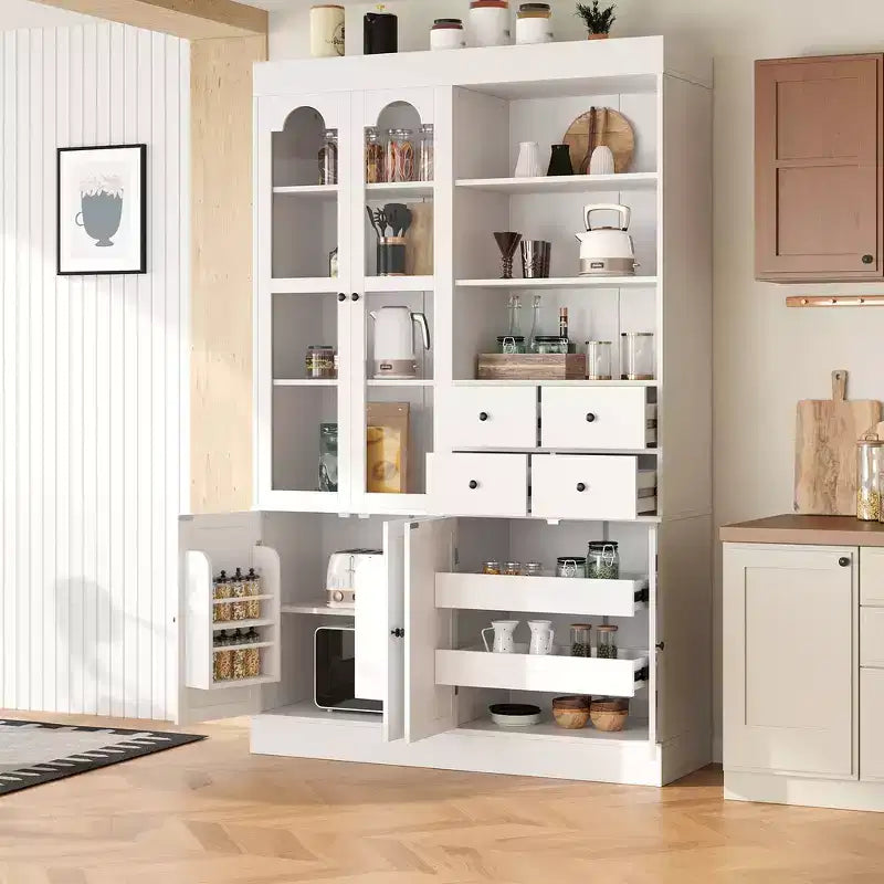 Buffet autoportant avec vaisselier, armoire de cuisine haute avec 4 tiroirs, étagères de porte et tablettes coulissantes