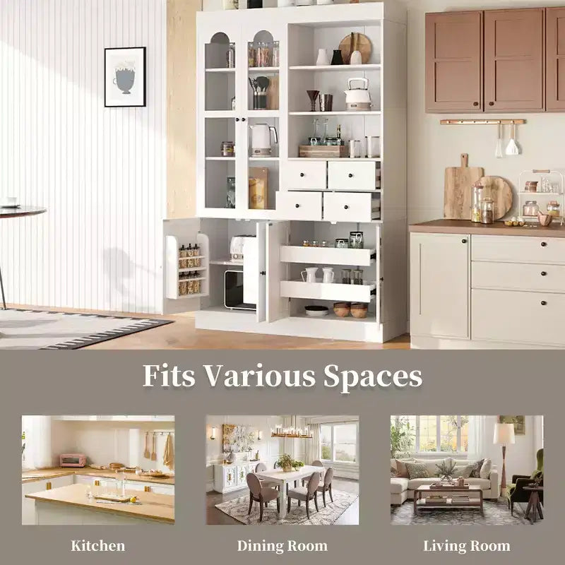 Buffet autoportant avec vaisselier, armoire de cuisine haute avec 4 tiroirs, étagères de porte et tablettes coulissantes