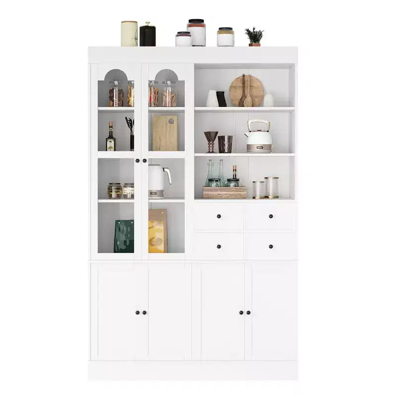 Buffet autoportant avec vaisselier, armoire de cuisine haute avec 4 tiroirs, étagères de porte et tablettes coulissantes