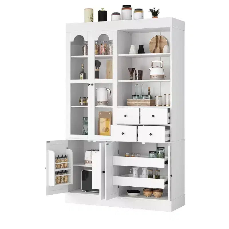 Buffet autoportant avec vaisselier, armoire de cuisine haute avec 4 tiroirs, étagères de porte et tablettes coulissantes