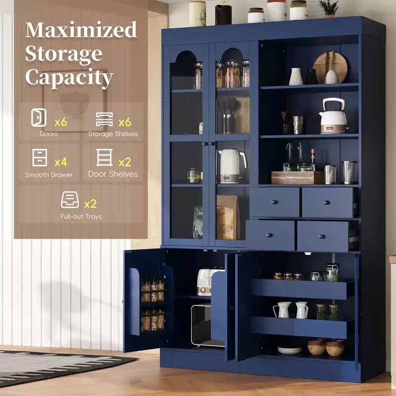 Buffet autoportant avec vaisselier, armoire de cuisine haute avec 4 tiroirs, étagères de porte et tablettes coulissantes