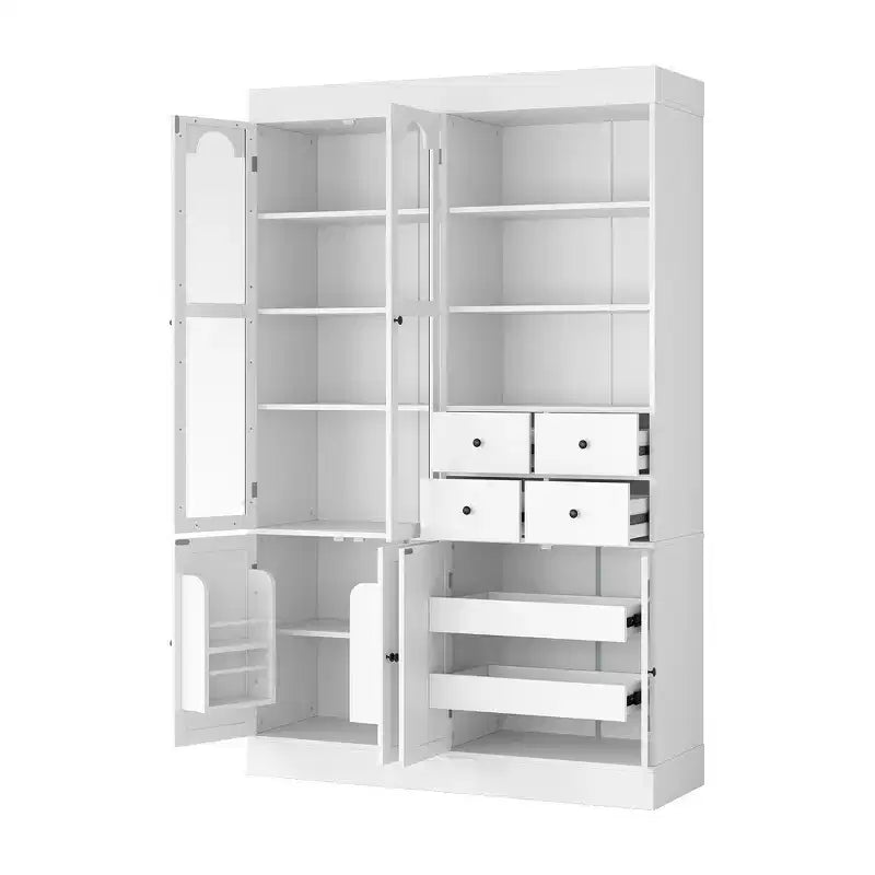 Buffet autoportant avec vaisselier, armoire de cuisine haute avec 4 tiroirs, étagères de porte et tablettes coulissantes