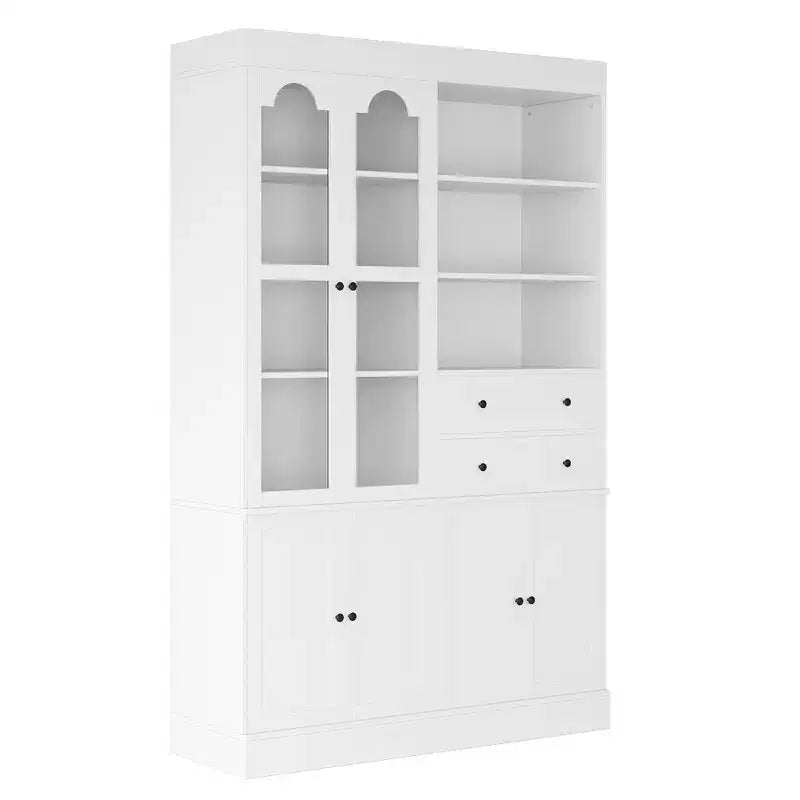 Buffet autoportant avec vaisselier, armoire de cuisine haute avec 4 tiroirs, étagères de porte et tablettes coulissantes