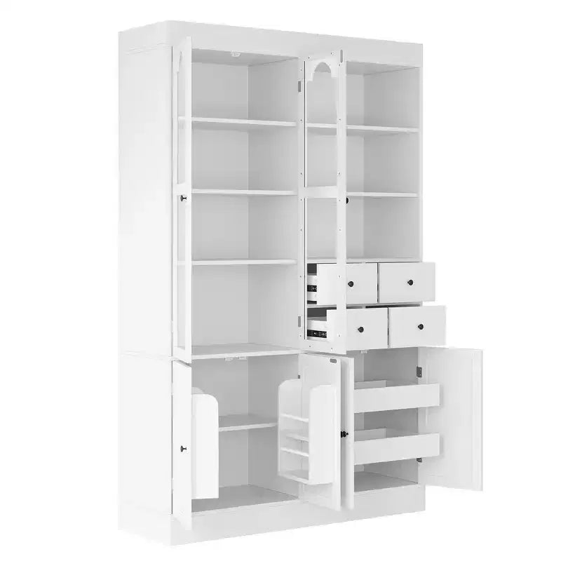 Buffet autoportant avec vaisselier, armoire de cuisine haute avec 4 tiroirs, étagères de porte et tablettes coulissantes