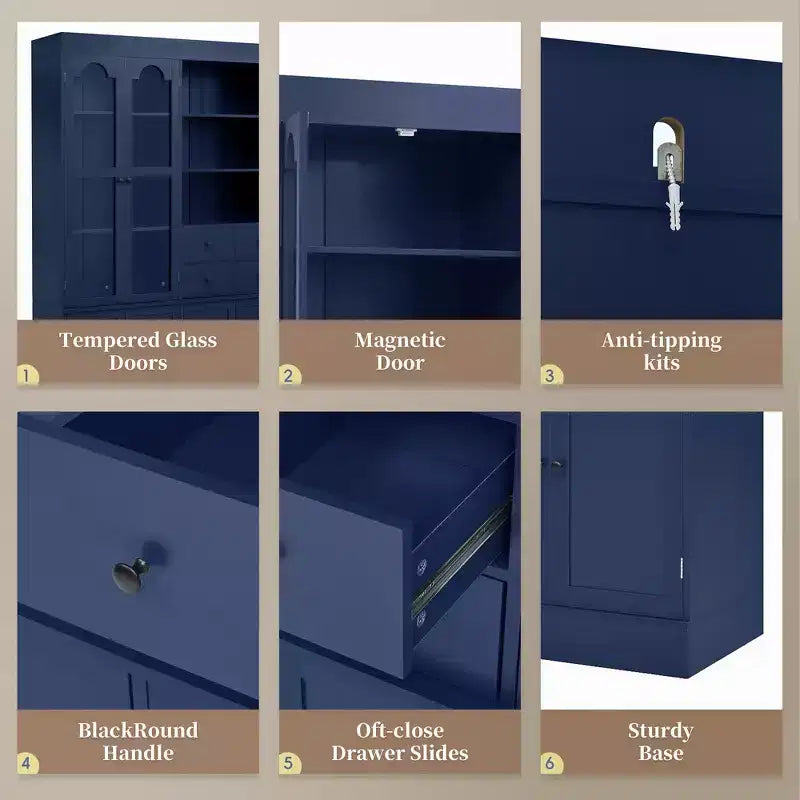 Buffet autoportant avec vaisselier, armoire de cuisine haute avec 4 tiroirs, étagères de porte et tablettes coulissantes