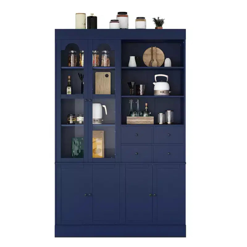 Buffet autoportant avec vaisselier, armoire de cuisine haute avec 4 tiroirs, étagères de porte et tablettes coulissantes