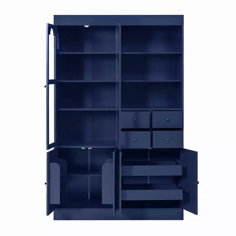 Buffet autoportant avec vaisselier, armoire de cuisine haute avec 4 tiroirs, étagères de porte et tablettes coulissantes