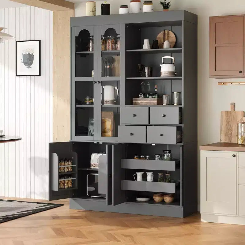 Buffet autoportant avec vaisselier, armoire de cuisine haute avec 4 tiroirs, étagères de porte et tablettes coulissantes