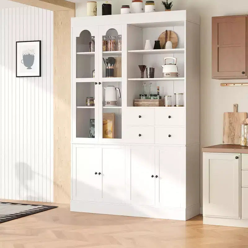 Buffet autoportant avec vaisselier, armoire de cuisine haute avec 4 tiroirs, étagères de porte et tablettes coulissantes
