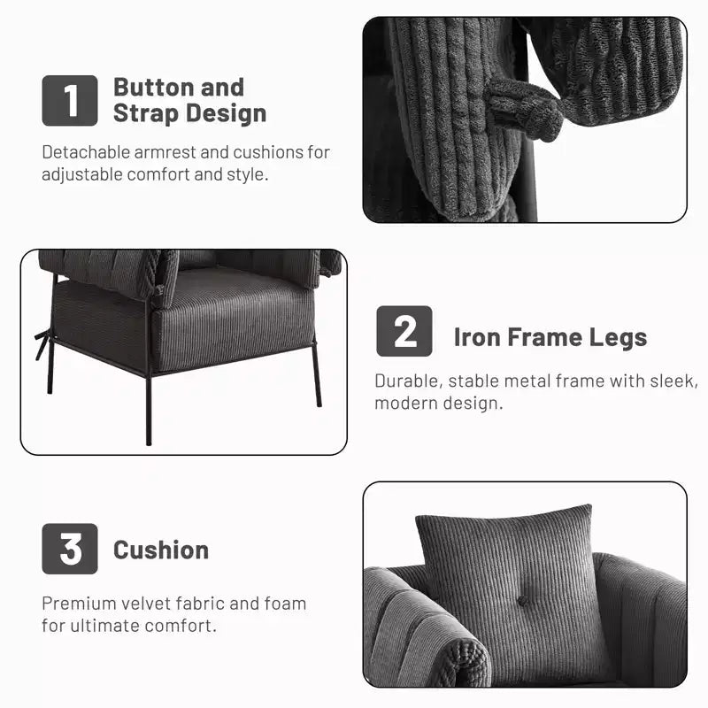 Fauteuil une place et demie, chaise de lecture confortable avec cadre en métal, coussin rembourré doux, velours côtelé