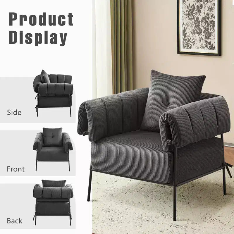 Fauteuil une place et demie, chaise de lecture confortable avec cadre en métal, coussin rembourré doux, velours côtelé