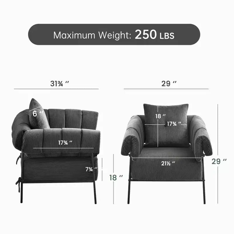 Fauteuil une place et demie, chaise de lecture confortable avec cadre en métal, coussin rembourré doux, velours côtelé