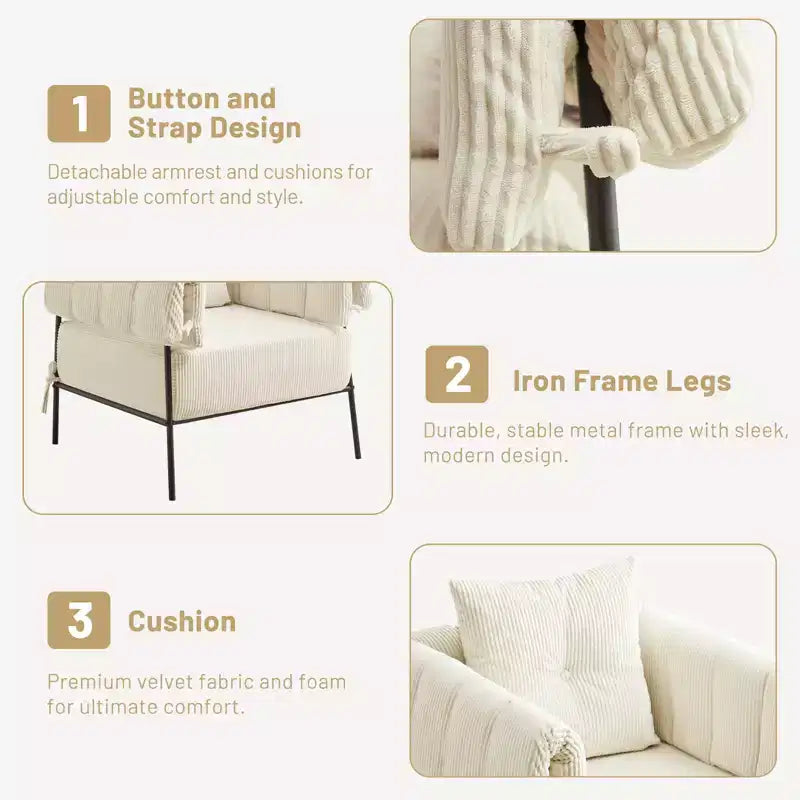 Fauteuil une place et demie, chaise de lecture confortable avec cadre en métal, coussin rembourré doux, velours côtelé
