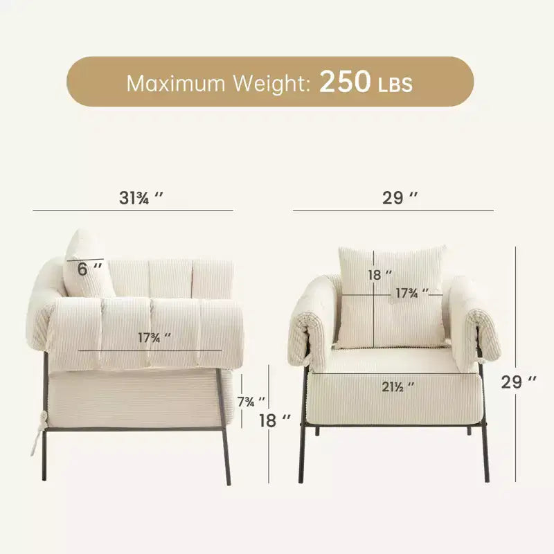 Fauteuil une place et demie, chaise de lecture confortable avec cadre en métal, coussin rembourré doux, velours côtelé