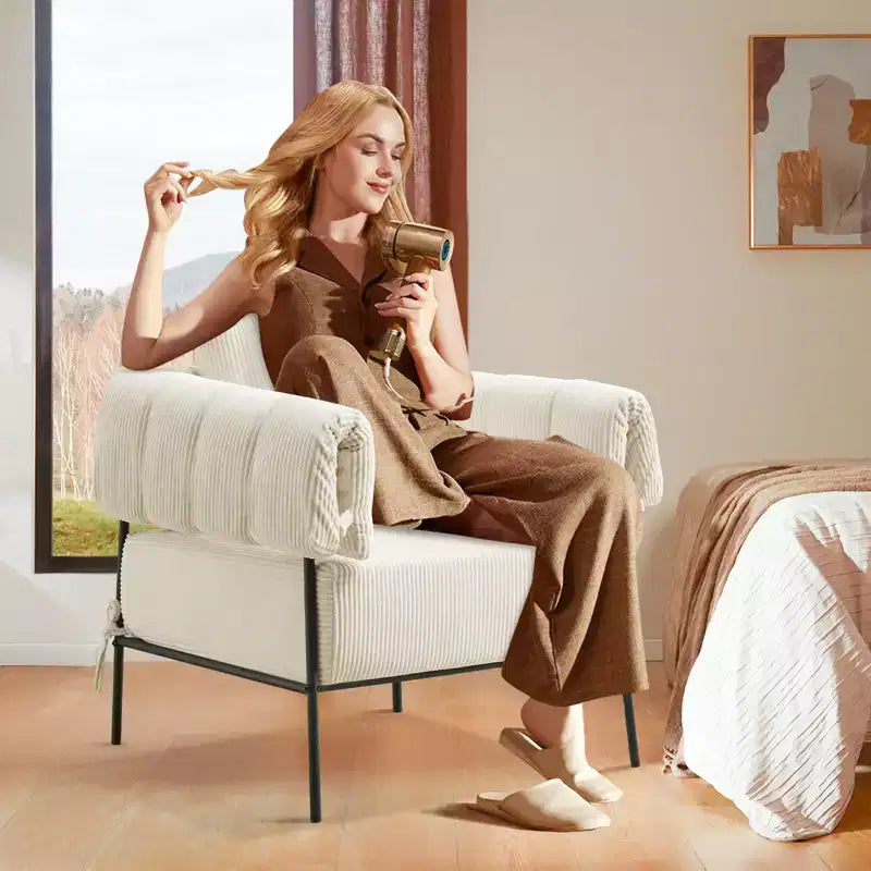Fauteuil une place et demie, chaise de lecture confortable avec cadre en métal, coussin rembourré doux, velours côtelé