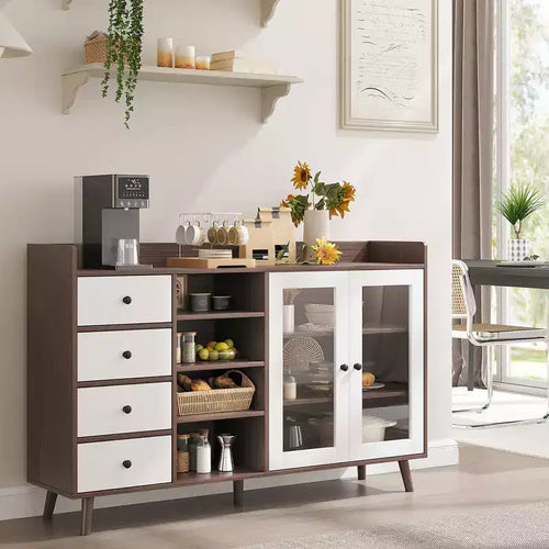 COZONY 55 Farmhouse Buffet Cabinet Sideboard with Storage, Wood Kitchen Cabinet with Glass Doors & Adjustable Shelves, Large Coffee Bar Station