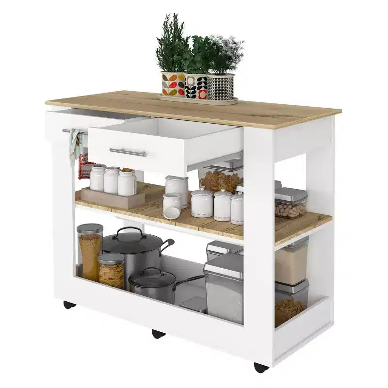 Îlot de cuisine de 46 po avec 2 étagères ouvertes, 2 tiroirs et poignées métalliques, chariot de cuisine à roulettes, blanc