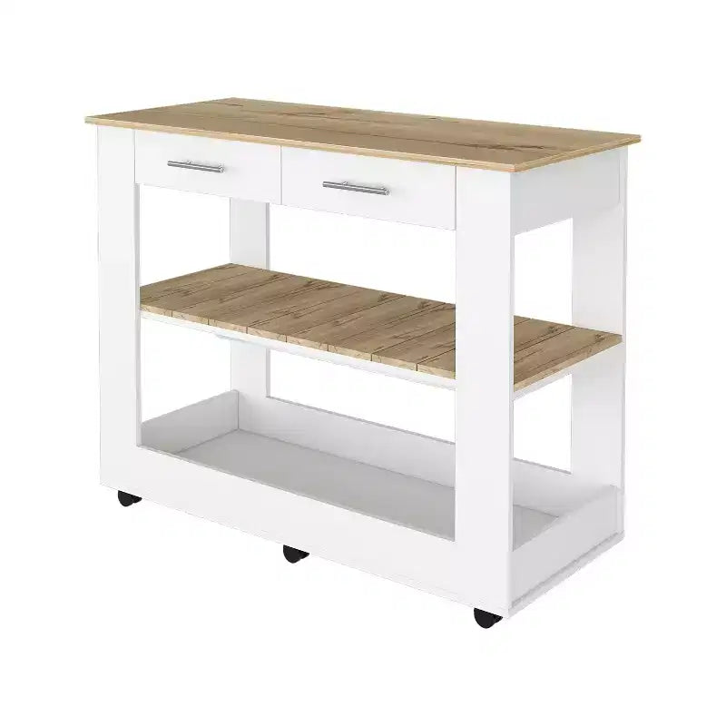 Îlot de cuisine de 46 po avec 2 étagères ouvertes, 2 tiroirs et poignées métalliques, chariot de cuisine à roulettes, blanc