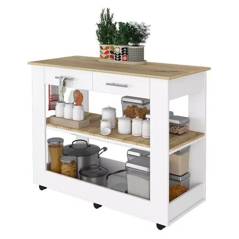 Îlot de cuisine de 46 po avec 2 étagères ouvertes, 2 tiroirs et poignées métalliques, chariot de cuisine à roulettes, blanc