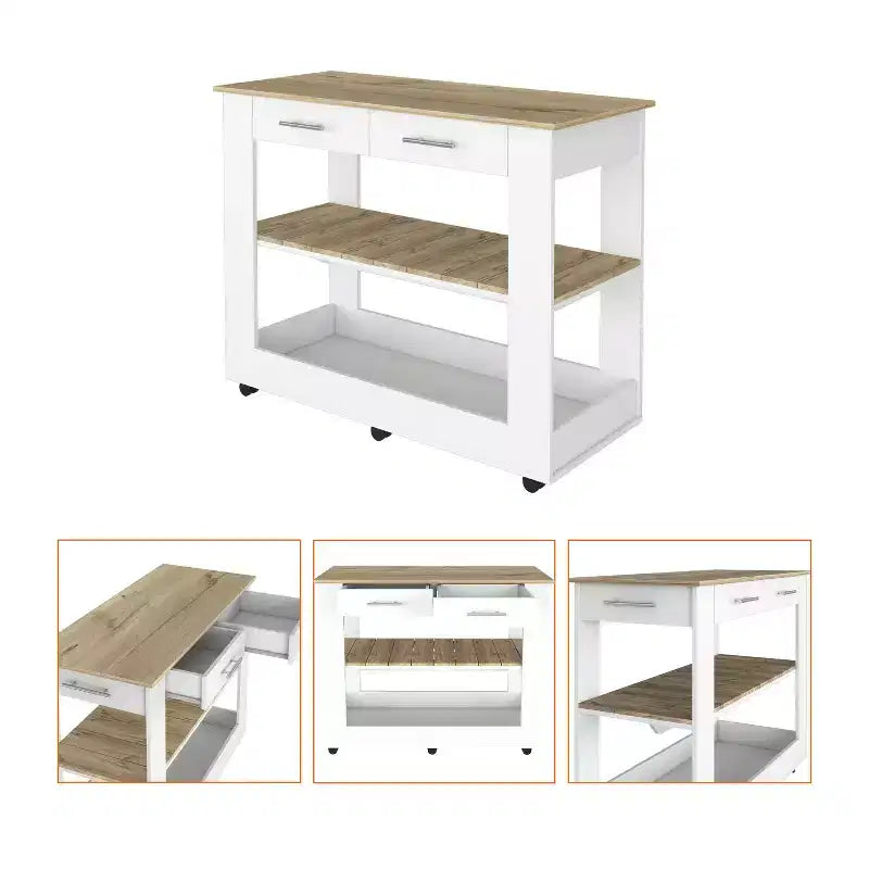 Îlot de cuisine de 46 po avec 2 étagères ouvertes, 2 tiroirs et poignées métalliques, chariot de cuisine à roulettes, blanc