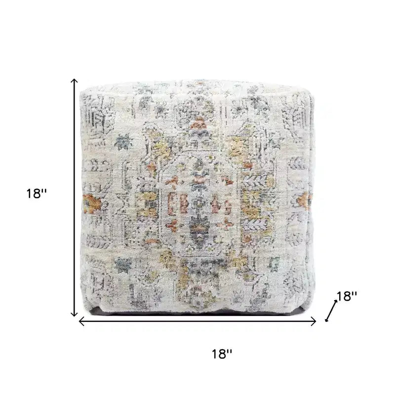 Pouffe ottoman médaillon rembourré ivoire et gris clair de 45,7 cm