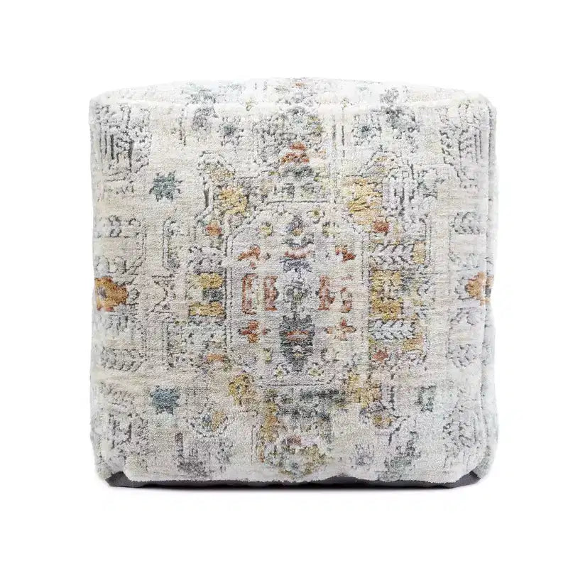 Pouffe ottoman médaillon rembourré ivoire et gris clair de 45,7 cm