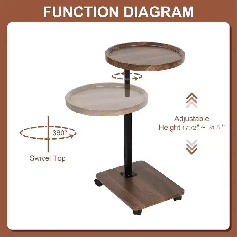Table d'appoint en C avec hauteur réglable et pivotement à 360°, table de chevet de canapé qui se glisse sous