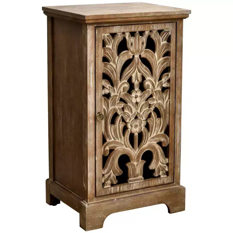 eHemco Vintage Hollow Carved Door End Table, 18 x 14 x 30.5 Inches, Storage Cabinet with Decorative Panel, Indoor Living Room Side Table, Natural
