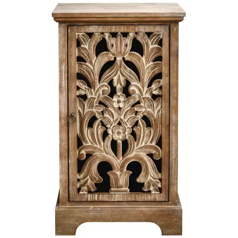 Table d'appoint vintage sculptée en bois creux avec porte, 18x14x30,5 po, Armoire de rangement avec panneau décoratif, Naturel