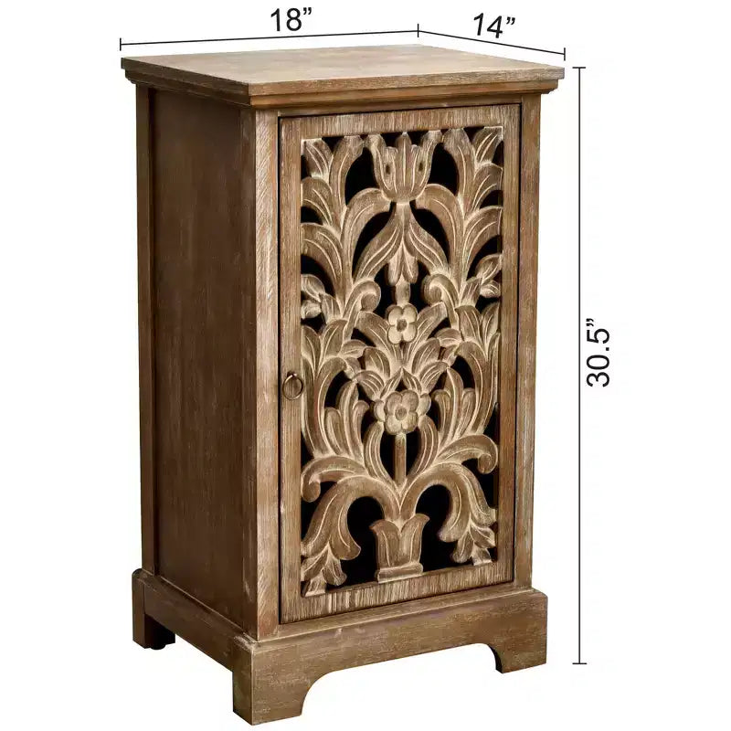 Table d'appoint vintage sculptée en bois creux avec porte, 18x14x30,5 po, Armoire de rangement avec panneau décoratif, Naturel