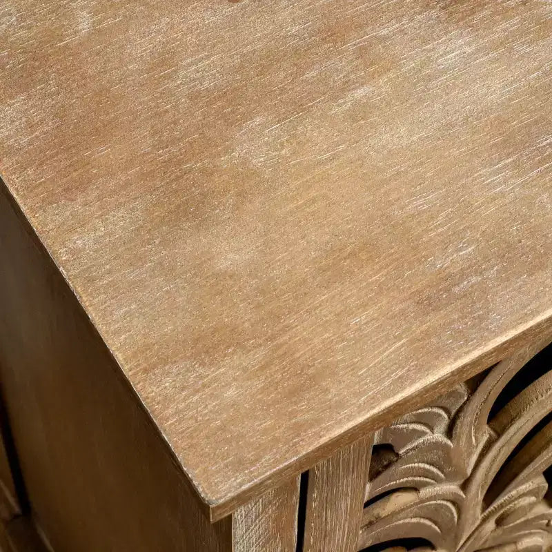 Table d'appoint vintage sculptée en bois creux avec porte, 18x14x30,5 po, Armoire de rangement avec panneau décoratif, Naturel