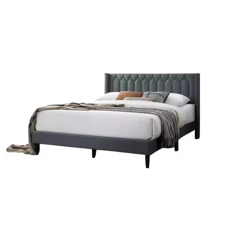 Lit Queen Size avec revêtement en toile de jute gris anthracite surpiqué de motifs géométriques, lit plateforme