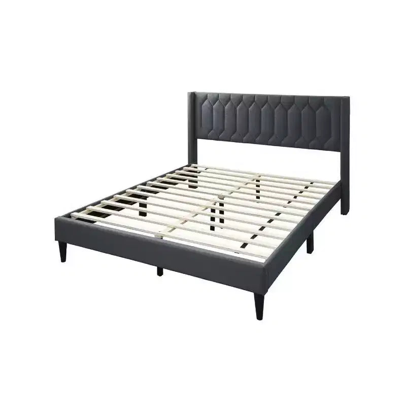 Lit Queen Size avec revêtement en toile de jute gris anthracite surpiqué de motifs géométriques, lit plateforme