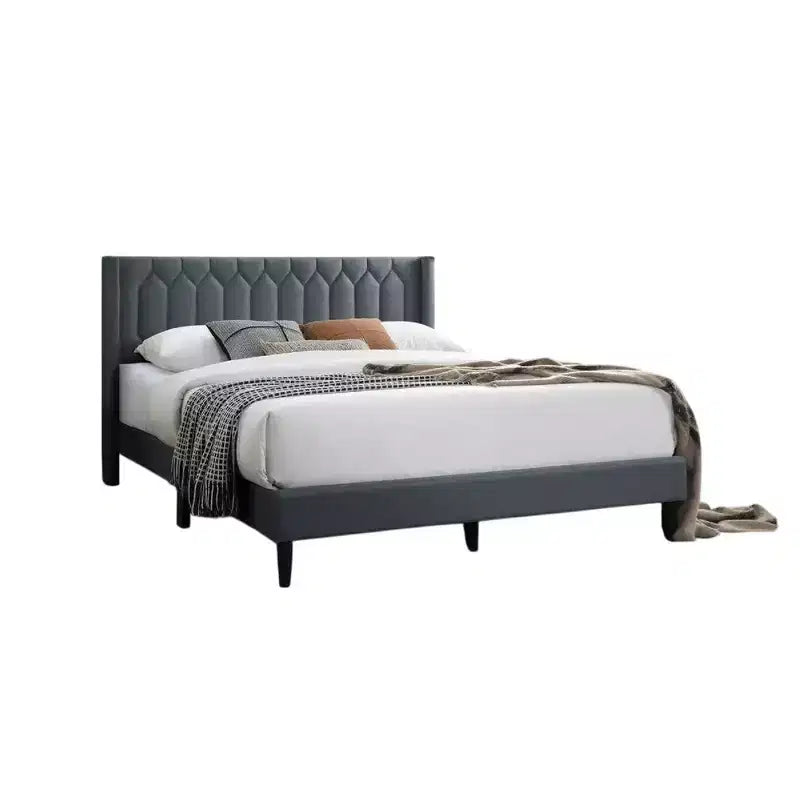 Lit Queen Size avec revêtement en toile de jute gris anthracite surpiqué de motifs géométriques, lit plateforme