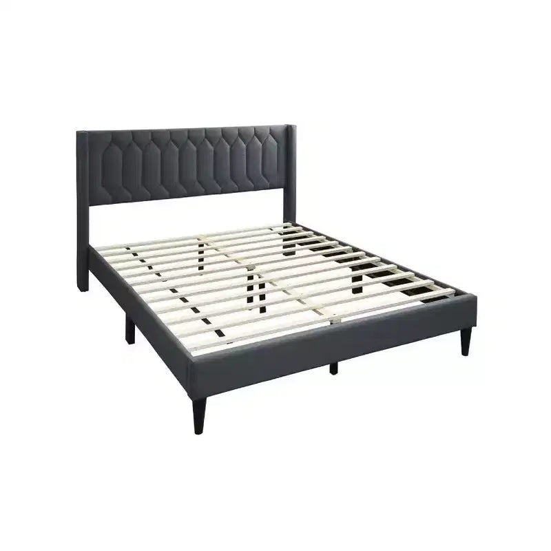 Lit Queen Size avec revêtement en toile de jute gris anthracite surpiqué de motifs géométriques, lit plateforme